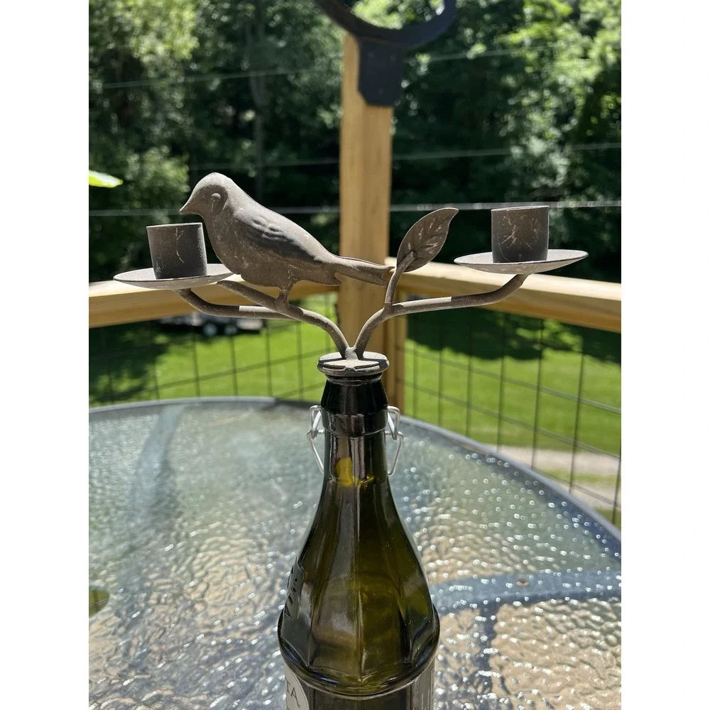 Metal Bird On A Branch Wine Bottle Insert Candle Holder